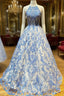 Blue High Neck Tulle Lace Long Evening Prom Dress Blue Lace Evening Dress