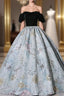 Blue Jacquard Black Velvet Quinceanera Dress