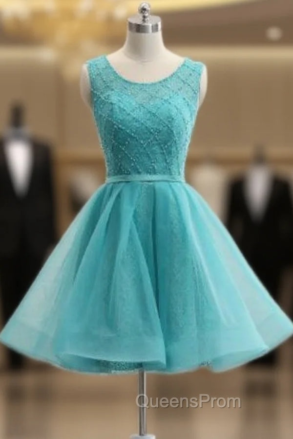 Blue Knee Length Lace With Tulle Open Back Cocktail Dress