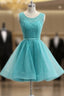 Blue Knee Length Lace With Tulle Open Back Cocktail Dress