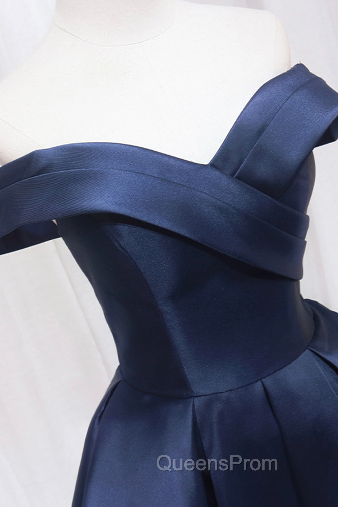 Blue Knee Length Satin Short Evening Prom Dress, Off the Shoulder Blue Homecoming Dress Secondary image