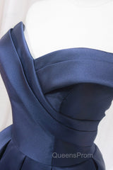 Blue Knee Length Satin Short Evening Prom Dress, Off the Shoulder Blue Homecoming Dress