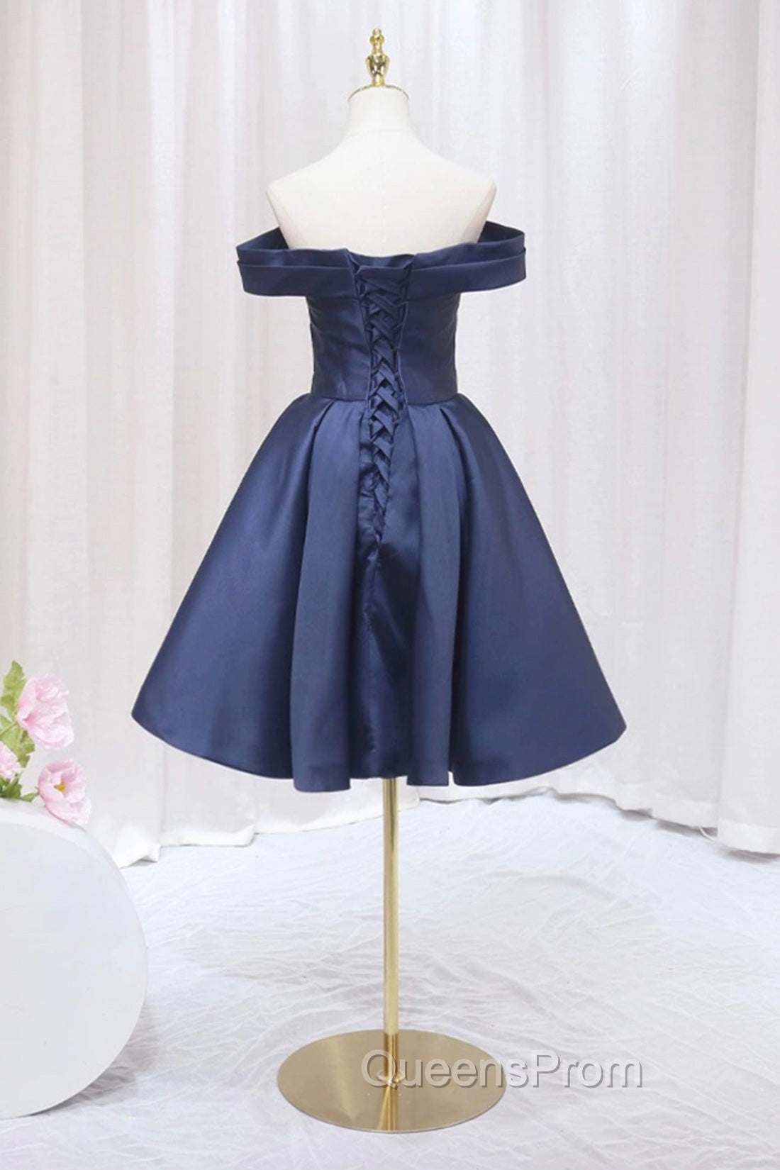 Blue Knee Length Satin Short Evening Prom Dress, Off the Shoulder Blue Homecoming Dress