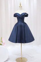 Blue Knee Length Satin Short Evening Prom Dress, Off the Shoulder Blue Homecoming Dress