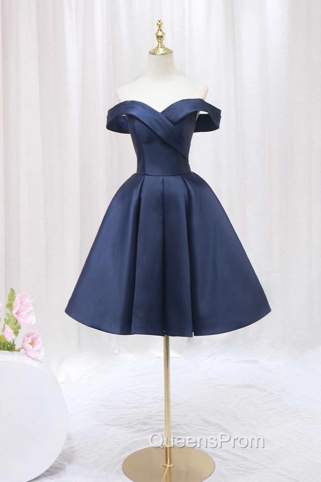 Blue Knee Length Satin Short Evening Prom Dress, Off the Shoulder Blue Homecoming Dress