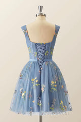 Blue Knee Length Tulle Party Dress, Cute Blue Floral Tulle Homecoming Dress