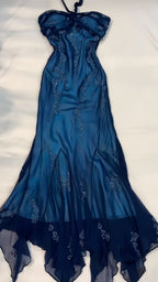 Blue Lace Appliques Chiffon Long Classy Evening Classy Prom Dress