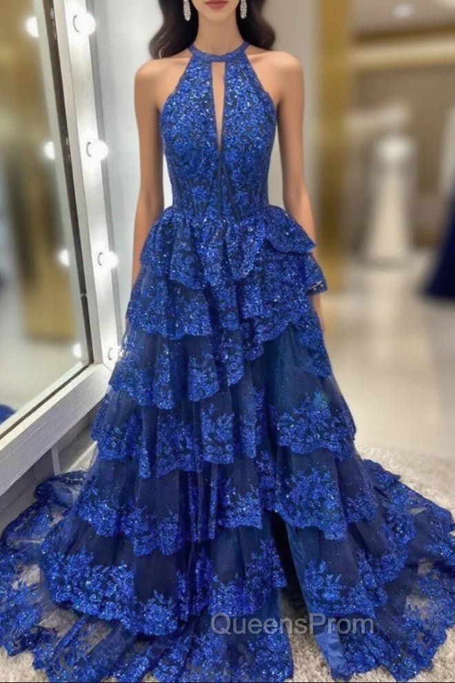 Blue Lace Halter Tiers Evening Prom Dress