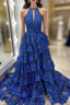Blue Lace Halter Tiers Evening Prom Dress