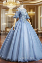 Blue Lace Long A-Line Ball Gown, Blue Evening Party Dress