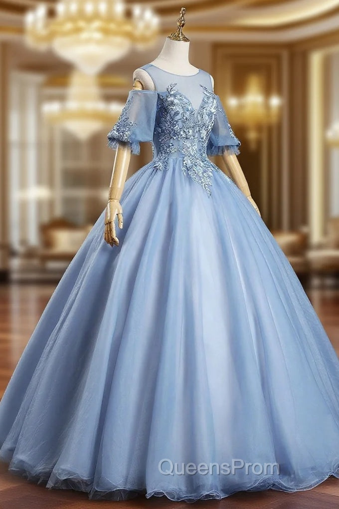 Blue Lace Long A-Line Ball Gown, Blue Evening Party Dress