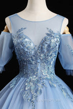 Blue Lace Long A-Line Ball Gown, Blue Evening Party Dress