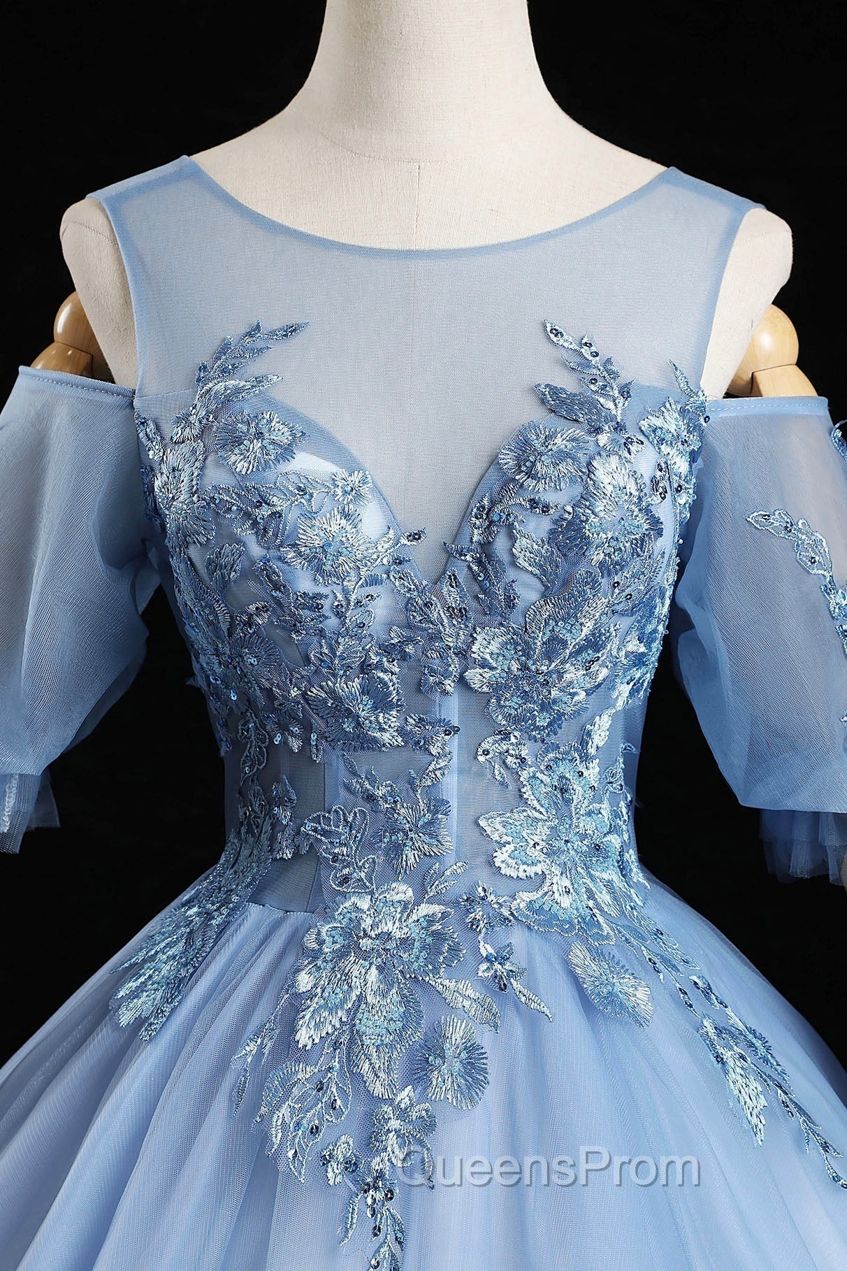 Blue Lace Long A-Line Ball Gown, Blue Evening Party Dress