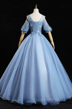 Blue Lace Long A-Line Ball Gown, Blue Evening Party Dress