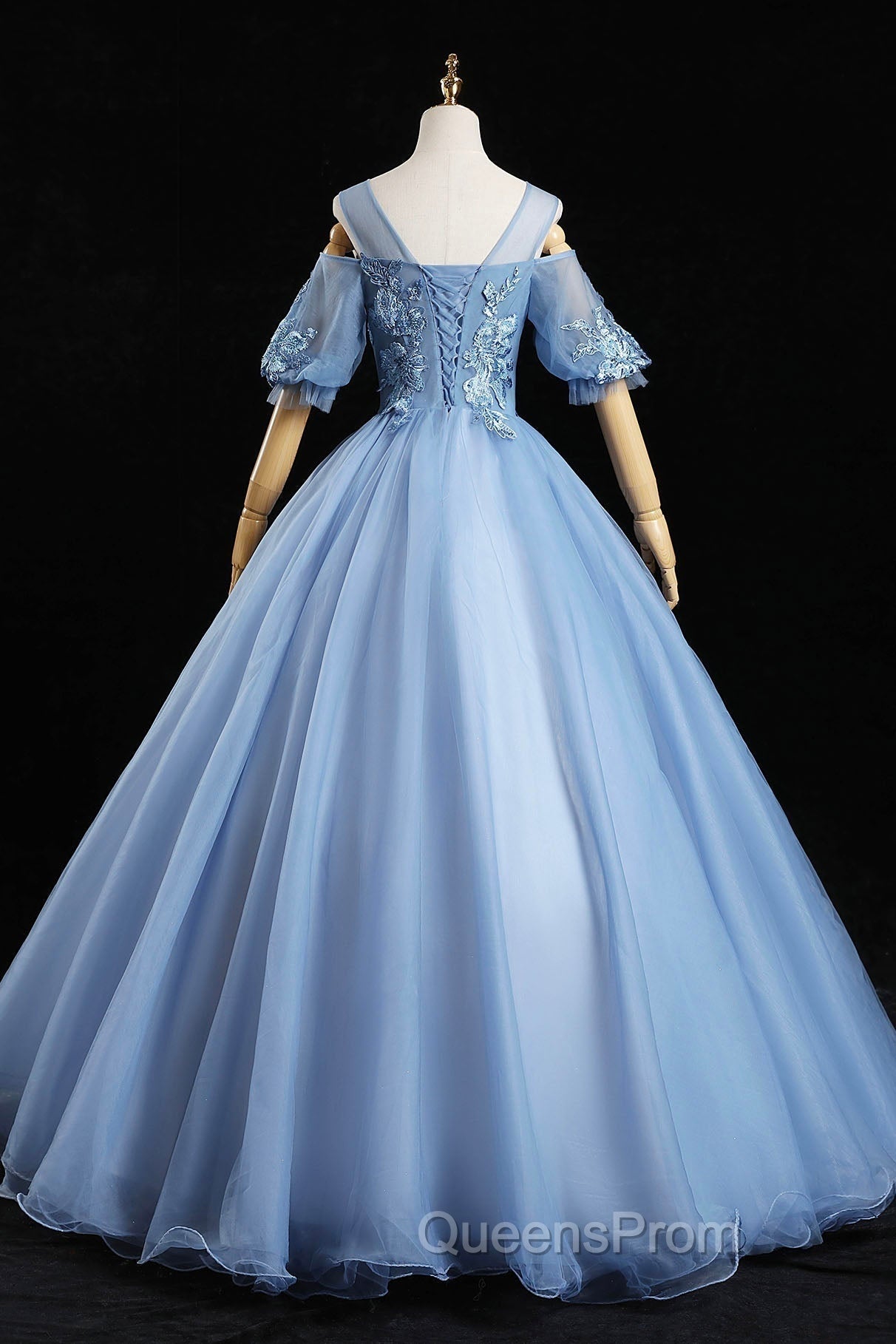 Blue Lace Long A-Line Ball Gown, Blue Evening Party Dress
