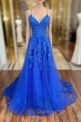Blue Lace Long A-Line Evening Prom Dress, Elegant V-Neck Evening Dress