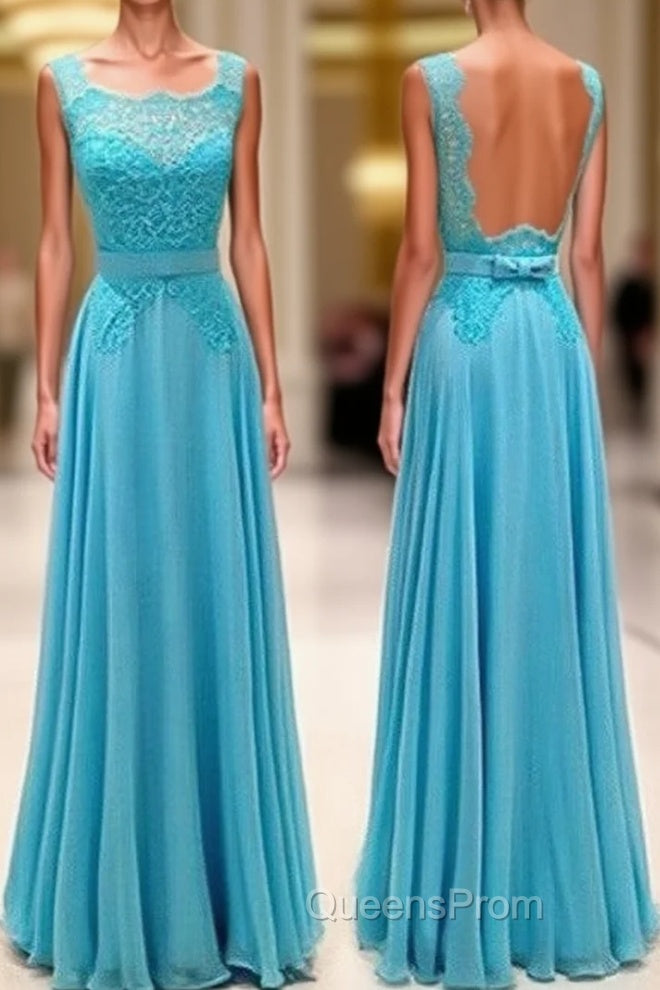 Blue Lace Long Evening Prom Dress, Blue Evening Dress For Teens Main image