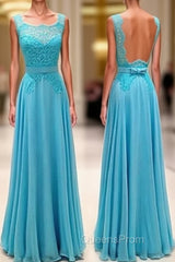 Blue Lace Long Evening Prom Dress, Blue Evening Dress For Teens
