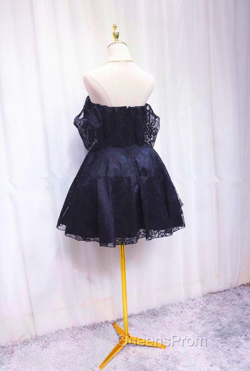 Blue Lace Off Shoulder Short Party Dress, Blue Homecoming Dress Party Dress