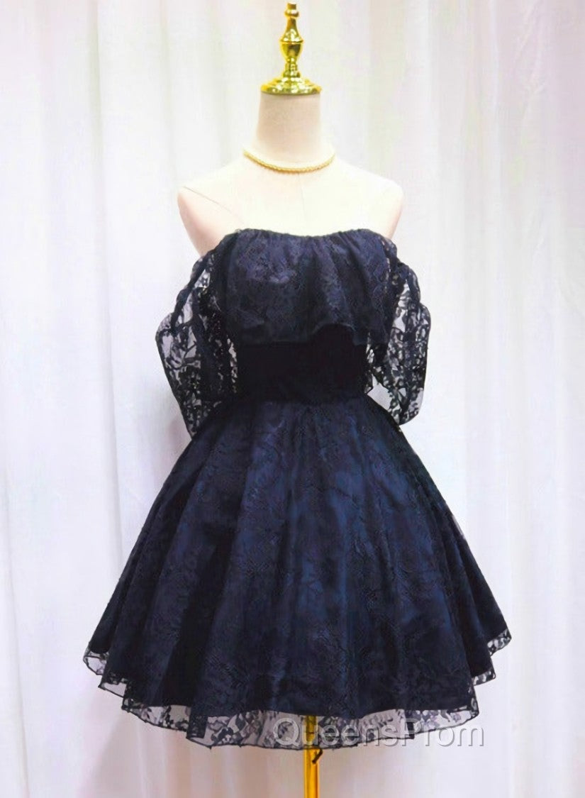Blue Lace Off Shoulder Short Party Dress, Blue Homecoming Dress Party Dress Secondary image
