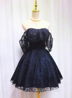 Blue Lace Off Shoulder Short Party Dress, Blue Homecoming Dress Party Dress