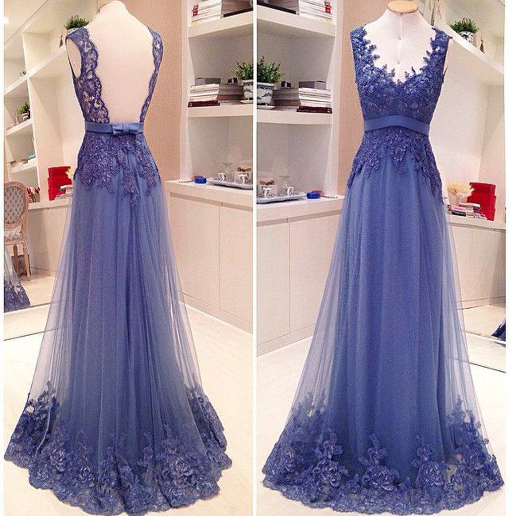 Blue Lace Open Back A-line Elegant Vintage Classy Prom Gown Classy Prom Dress Secondary image