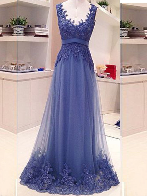 Blue Lace Open Back A-line Elegant Vintage Classy Prom Gown Classy Prom Dress Main image