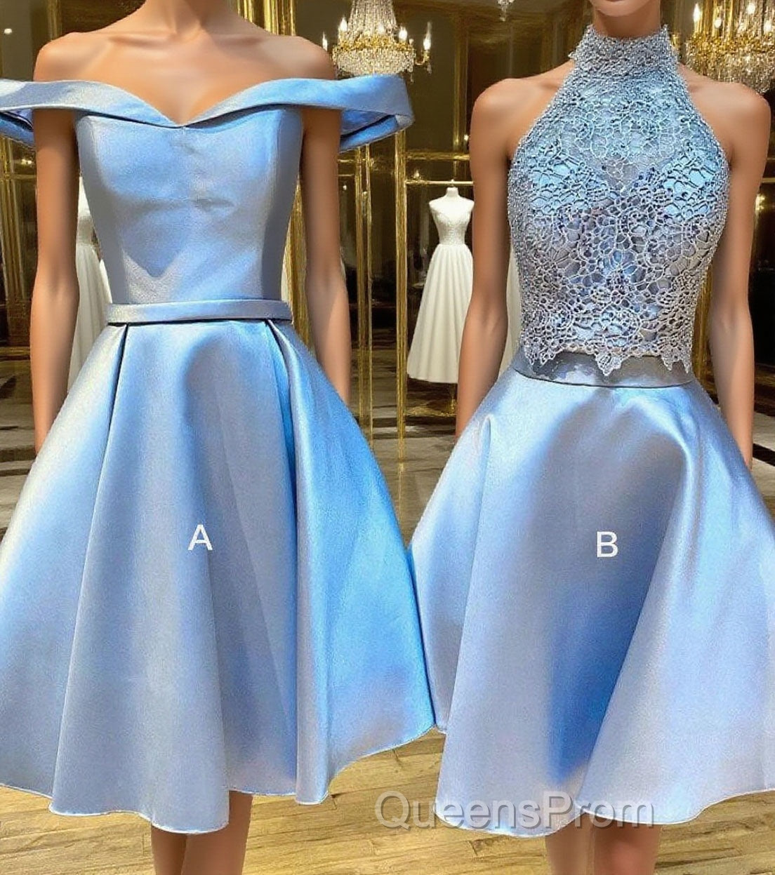 Blue lace satin short Evening Prom Dress, blue homecoming Dress Main image