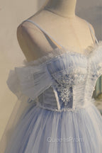 Blue Lace Short A-Line Evening Prom Dress, Blue Spaghetti Straps Homecoming Party Dress