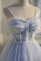 Blue Lace Short A-Line Evening Prom Dress, Blue Spaghetti Straps Homecoming Party Dress