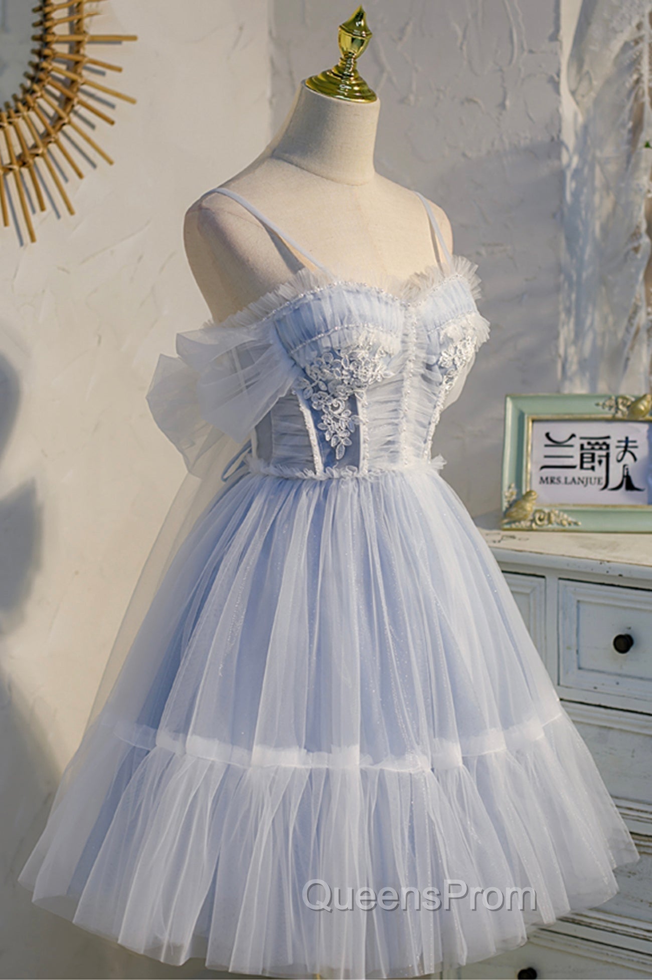 Blue Lace Short A-Line Evening Prom Dress, Blue Spaghetti Straps Homecoming Party Dress