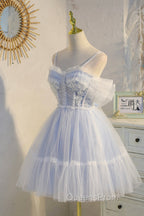 Blue Lace Short A-Line Evening Prom Dress, Blue Spaghetti Straps Homecoming Party Dress