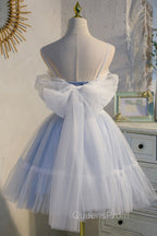 Blue Lace Short A-Line Evening Prom Dress, Blue Spaghetti Straps Homecoming Party Dress