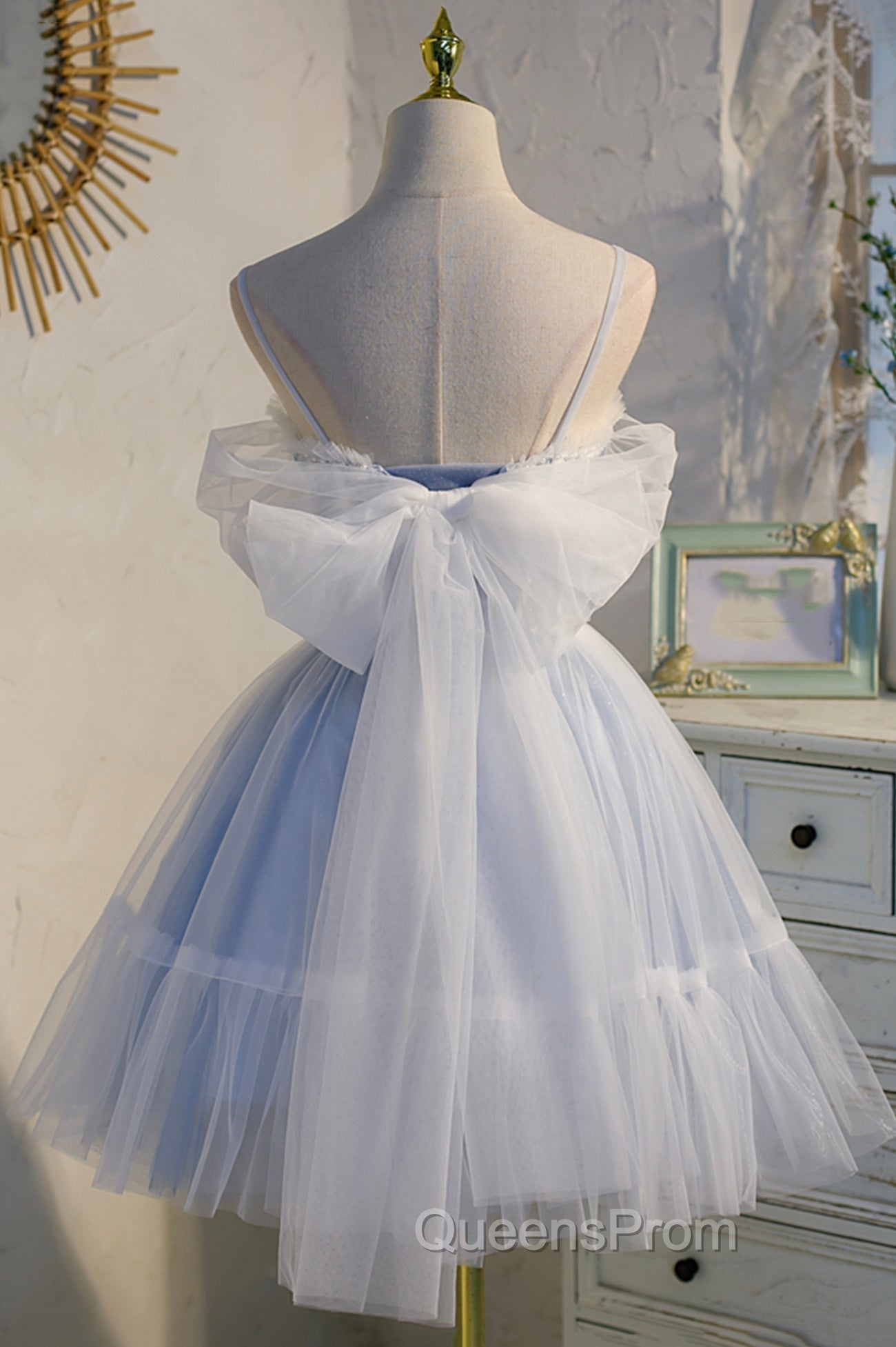 Blue Lace Short A-Line Evening Prom Dress, Blue Spaghetti Straps Homecoming Party Dress