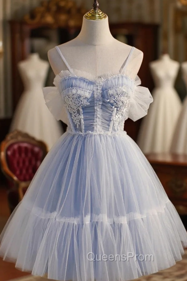 Blue Lace Short A-Line Evening Prom Dress, Blue Spaghetti Straps Homecoming Party Dress Main image