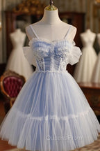 Blue Lace Short A-Line Evening Prom Dress, Blue Spaghetti Straps Homecoming Party Dress