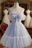 Blue Lace Short A-Line Evening Prom Dress, Blue Spaghetti Straps Homecoming Party Dress