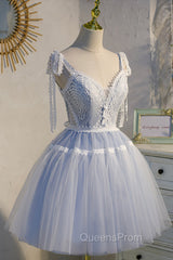 Blue Lace Short A-Line Evening Prom Dress, Cute V-Neck Homecoming Party Dress