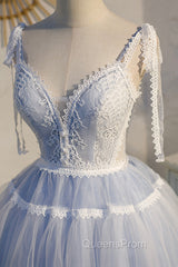 Blue Lace Short A-Line Evening Prom Dress, Cute V-Neck Homecoming Party Dress