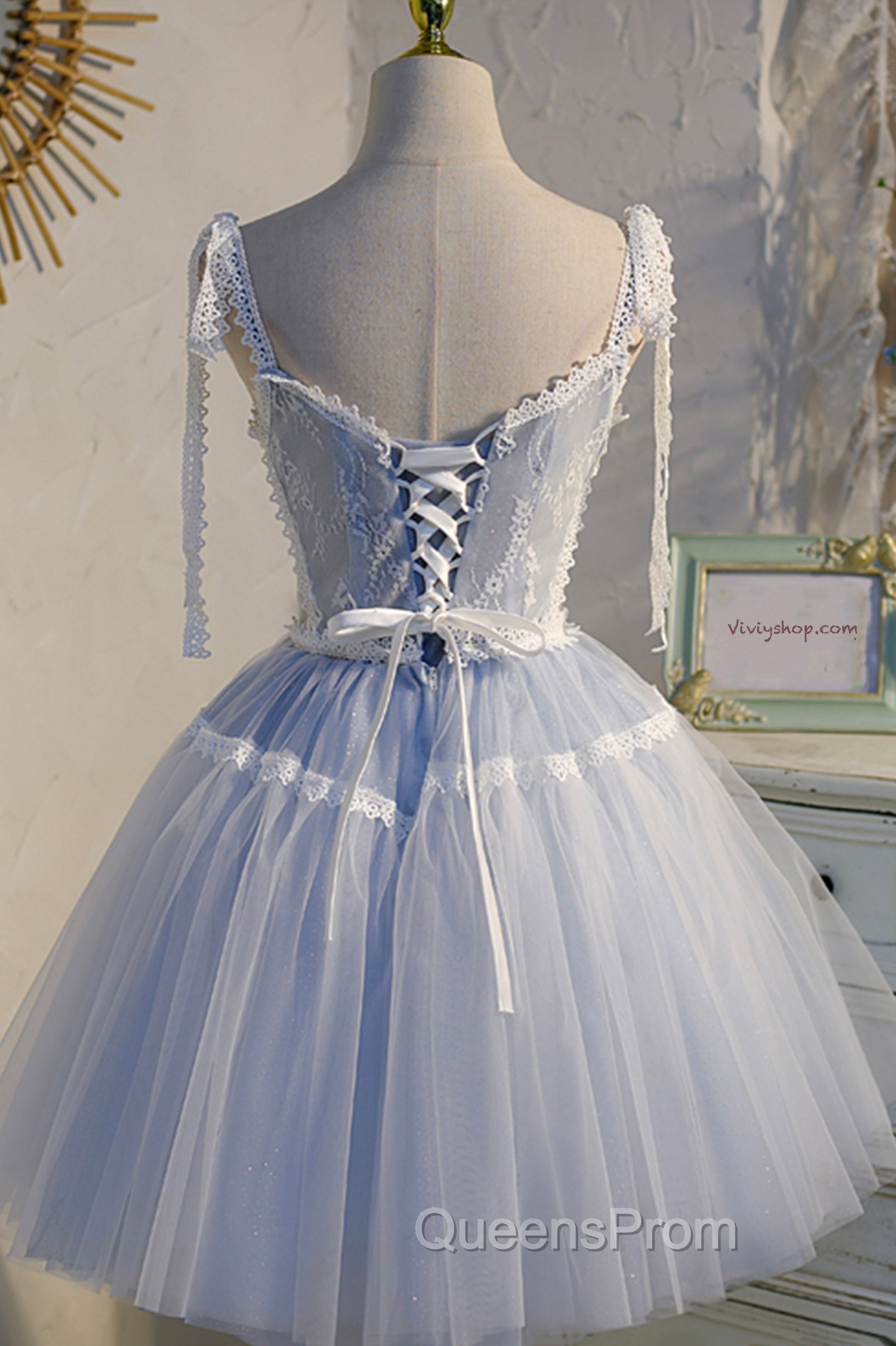 Blue Lace Short A-Line Evening Prom Dress, Cute V-Neck Homecoming Party Dress