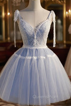 Blue Lace Short A-Line Evening Prom Dress, Cute V-Neck Homecoming Party Dress