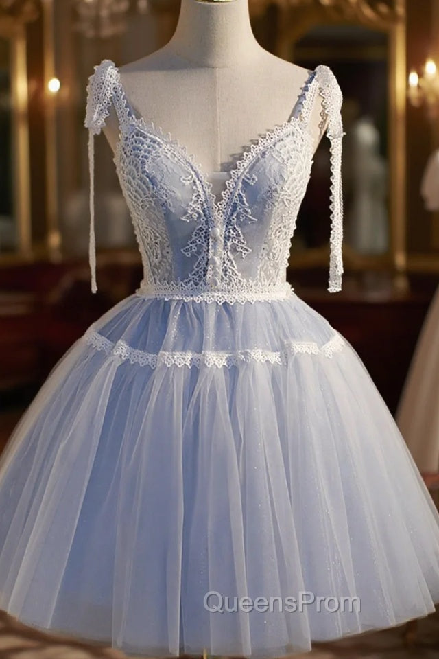 Blue Lace Short A-Line Evening Prom Dress, Cute V-Neck Homecoming Party Dress