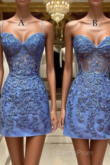 Blue Lace Short Evening Prom Dress, Blue Homecoming Dress