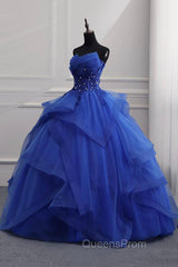 Blue Lace Strapless Ball Gown Evening Dress, Blue Long Sweet 16 Dress