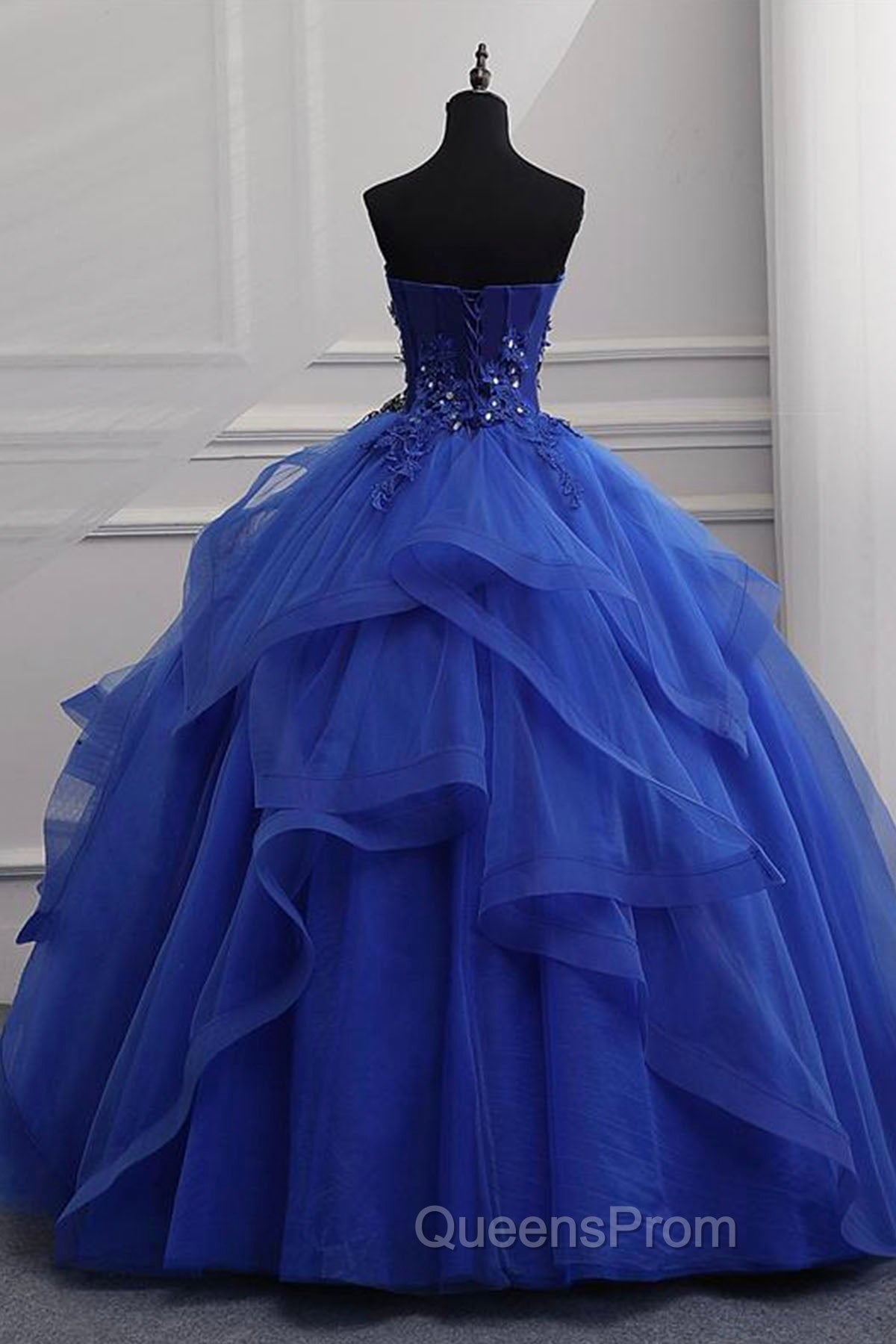 Blue Lace Strapless Ball Gown Evening Dress, Blue Long Sweet 16 Dress