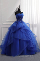 Blue Lace Strapless Ball Gown Evening Dress, Blue Long Sweet 16 Dress