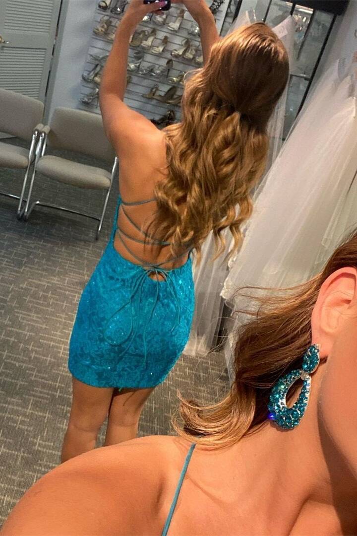 Blue Lace Tight Homecoming Dress With Lace-Up Back