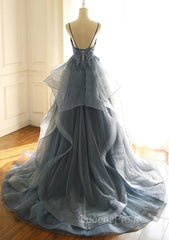 Blue Lace Top with Layers Tulle Evening Prom Dress, New Straps Evening Gown