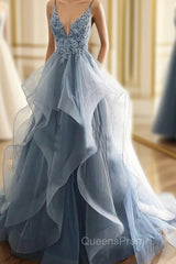 Blue Lace Top with Layers Tulle Evening Prom Dress, New Straps Evening Gown