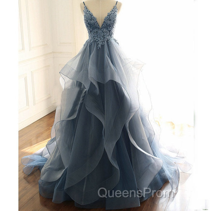 Blue Lace Top with Layers Tulle Evening Prom Dress, New Straps Evening Gown